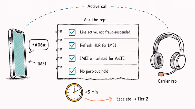 Hand-drawn carrier support call scene with four-item checklist for clearing the voice not allowed error.