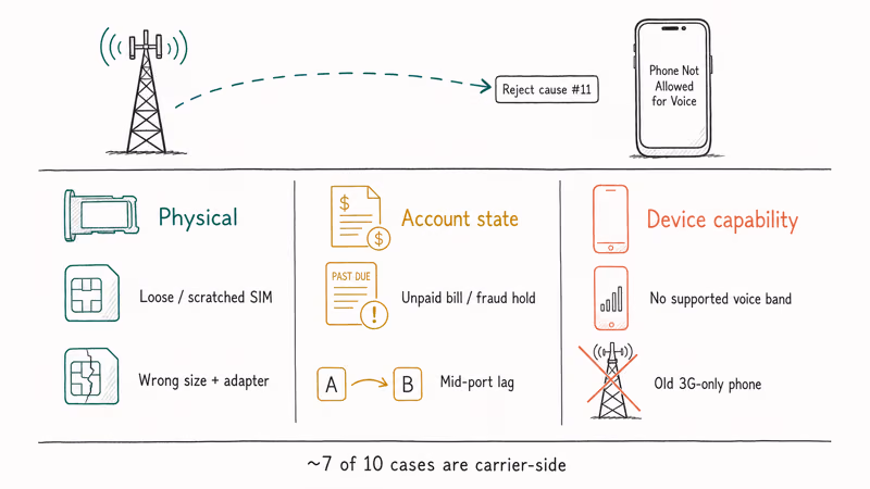 Three-column diagram of physical, account, and device causes behind the voice not allowed error.