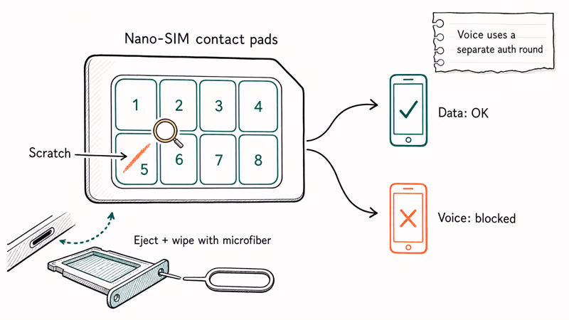 SIM gold contact pads with scratched pad blocking voice service.