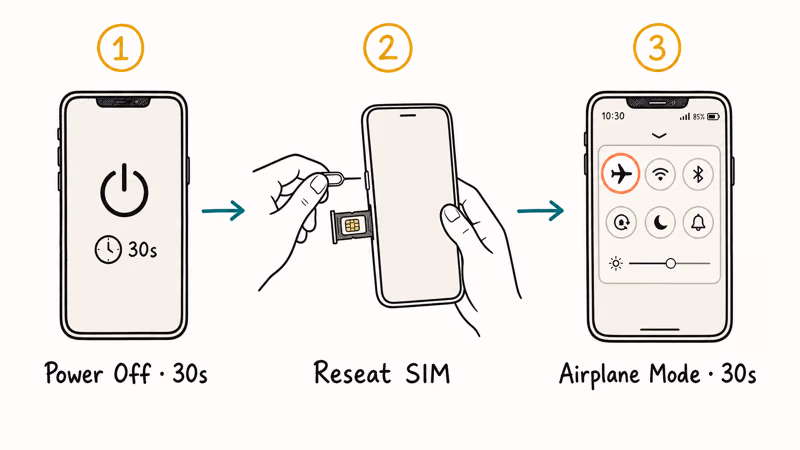 Three step quick fix sequence for No SIM error: power off, reseat, airplane mode.