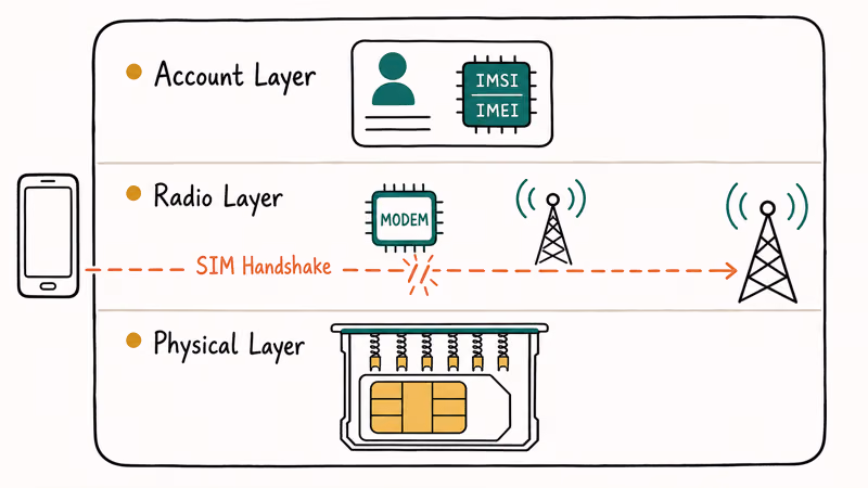 Diagram showing three layers of the SIM handshake: physical, radio, and account.