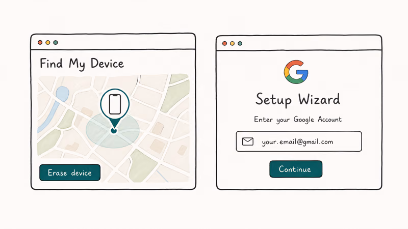 Two screens of built-in Android unlock using Find My Device erase function and Google sign-in for fresh setup