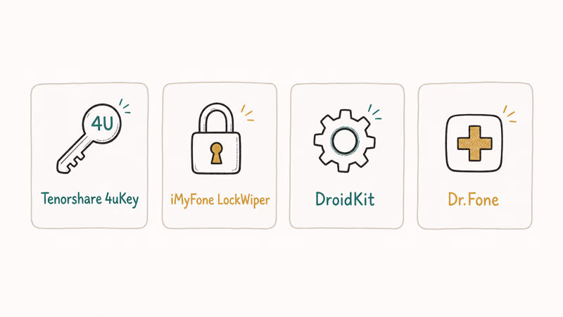 Four labeled Android unlocking software tiles for Tenorshare iMyFone DroidKit and Dr.Fone with small icons