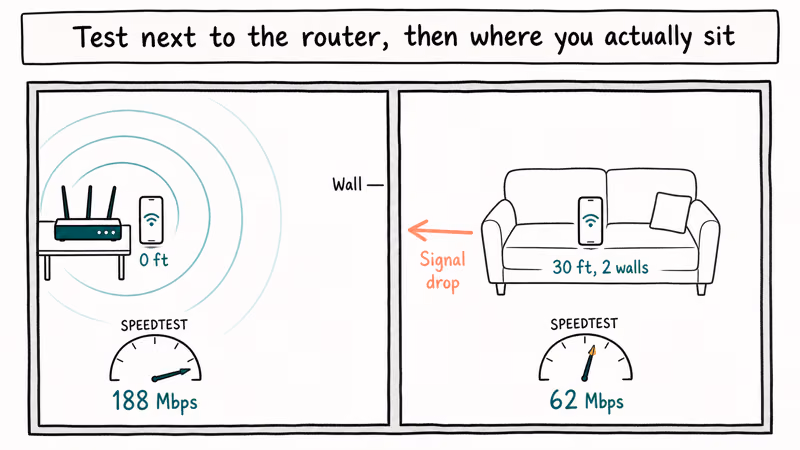 Floor plan showing Wi-Fi speed drop through two walls