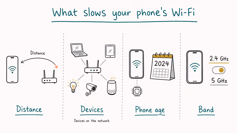 Hand-drawn infographic showing four factors that cap phone Wi-Fi speed including distance, devices, age, band