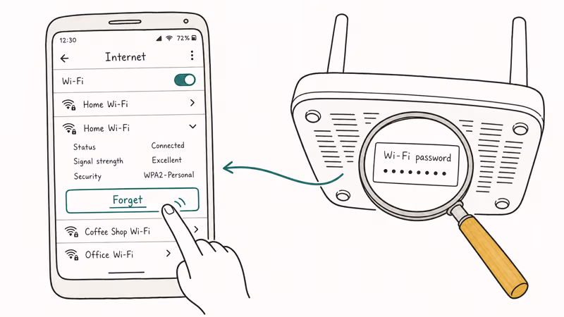 Android settings panel highlighting the Forget Network button with a router password sticker linked alongside.