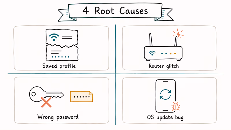 Four root causes of Android Wi-Fi failure shown as a quadrant infographic with simple icons.