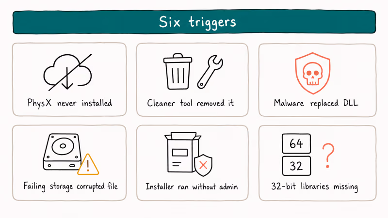 Six labeled cards showing common causes of physxloader.dll missing error on Windows