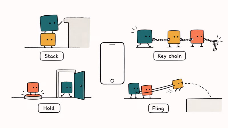 Four Pico Park co-op mechanics stacking keys buttons and launches.