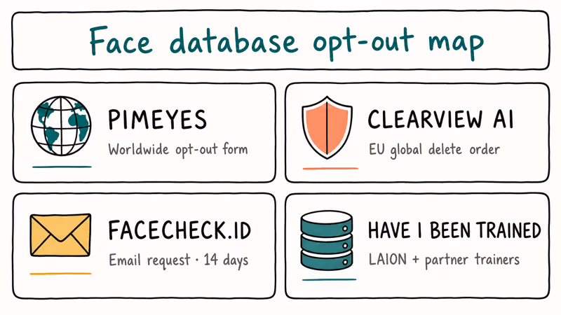 Grid mapping PimEyes Clearview Facecheck and training opt-out paths.