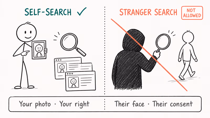 Side-by-side comparison contrasting legitimate self-search with prohibited stranger face search use cases.