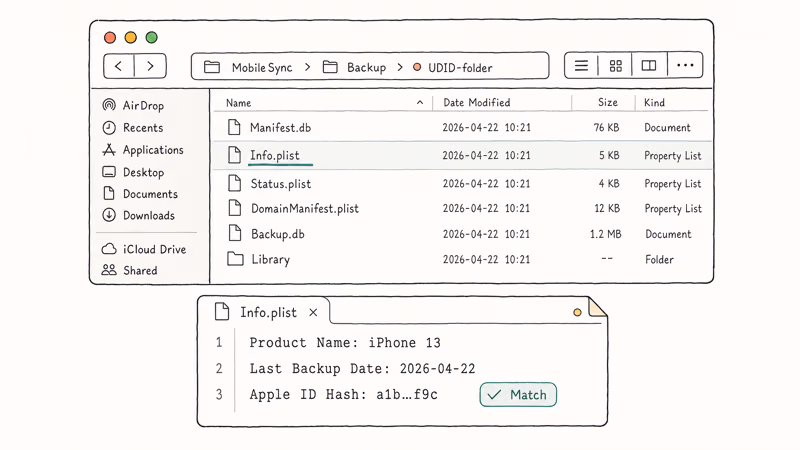 Finder MobileSync backup folder with Info plist ownership fields highlighted.