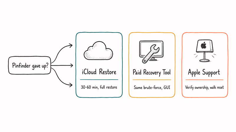 Three fallback paths after Pinfinder fails: iCloud tool and Apple Support.