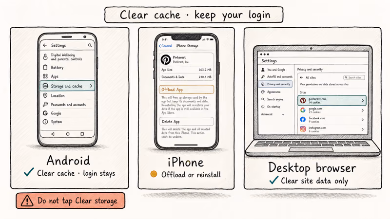 Side by side comparison of cache clearing on Android iPhone and desktop browsers.
