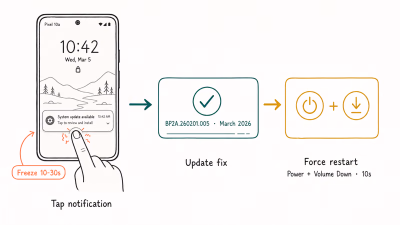 Pixel 10a frozen lock screen notification with March update fix and force restart combo