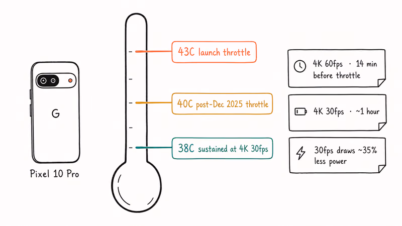 Thermometer mapping Pixel 10 Pro thermal throttle thresholds at 4K 60fps and 4K 30fps capture
