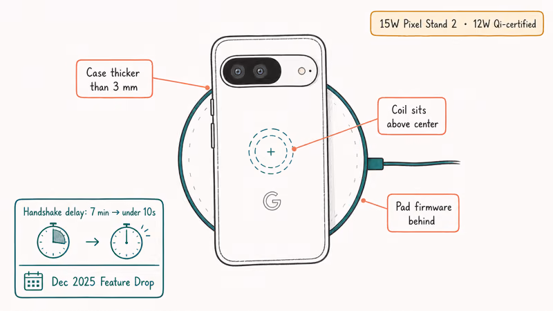 Pixel 10 on a wireless charging pad with case alignment firmware callouts and 15W spec