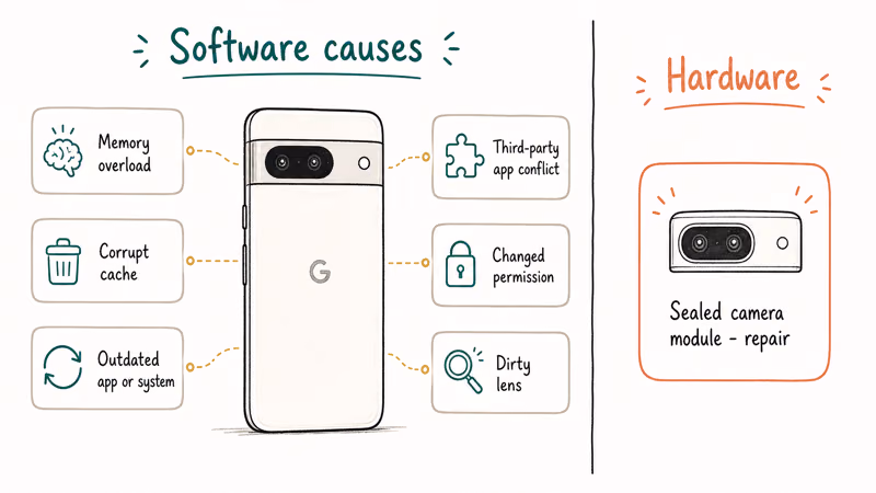 Diagram showing common Pixel Camera software causes beside a failed hardware camera module