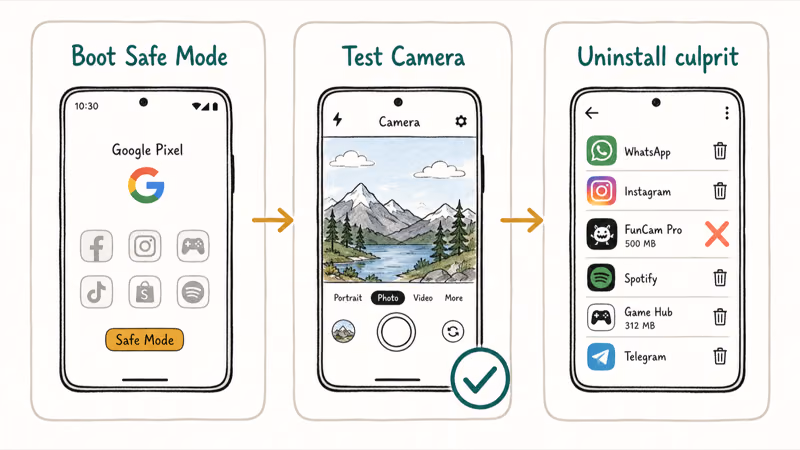Pixel rebooting into Safe Mode to test the Camera app and uninstall apps