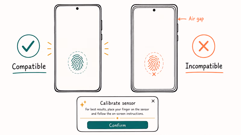 Compatible versus incompatible Pixel screen protector with a calibration confirmation prompt shown below the two phones