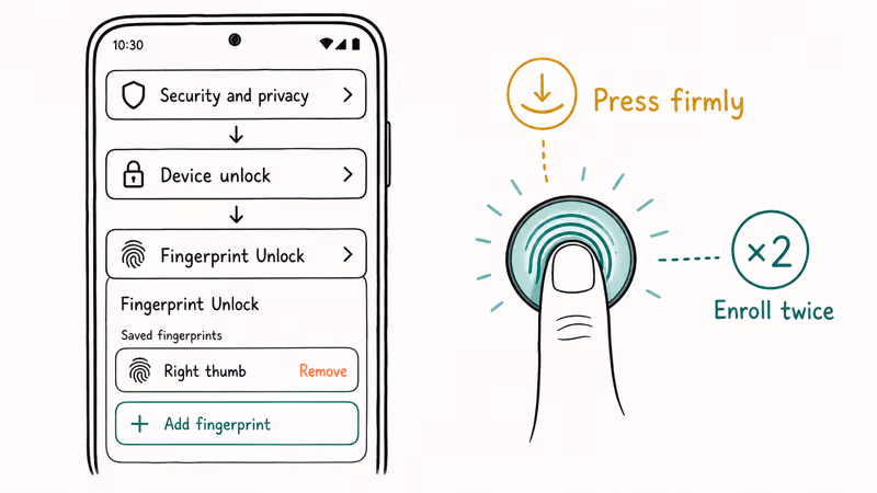 Pixel settings path to Fingerprint Unlock showing removing old prints and adding fresh ones pressed firmly