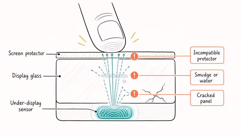 Cross-section of a Pixel under-display fingerprint sensor reading through glass with three blockers labeled
