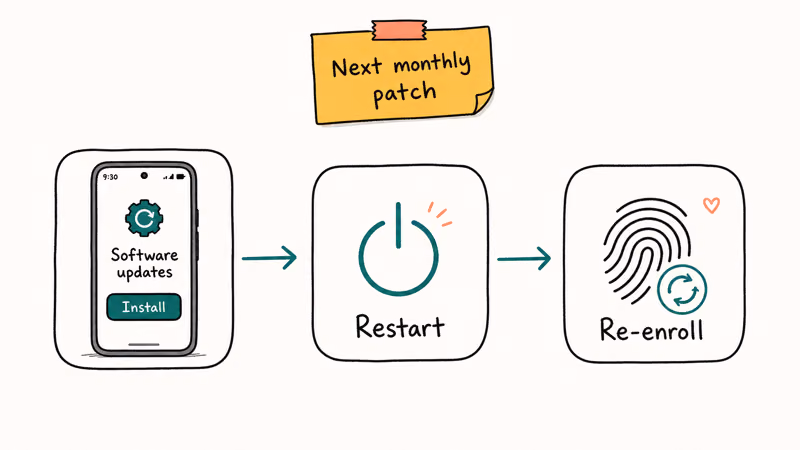 Three-step flow installing a Pixel update then restarting and re-enrolling fingerprints to fix sensor bugs