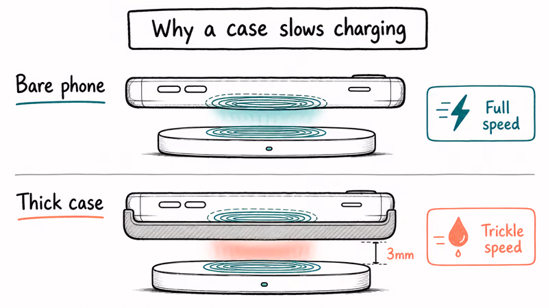 Pixel charging coils aligned bare versus pushed apart by a thick phone case