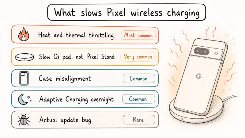 Ranked chart of Pixel wireless charging slowdown causes from heat to rare update bugs