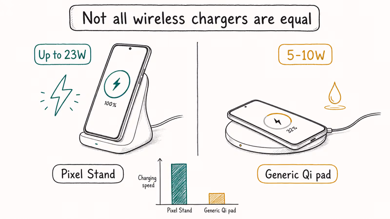 Pixel Stand at twenty-three watts beside a generic Qi pad capped near ten watts