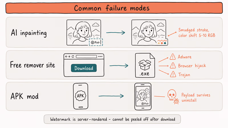 Three failure modes of third-party Pixlr watermark removers AI artifacts adware installers and APK mods