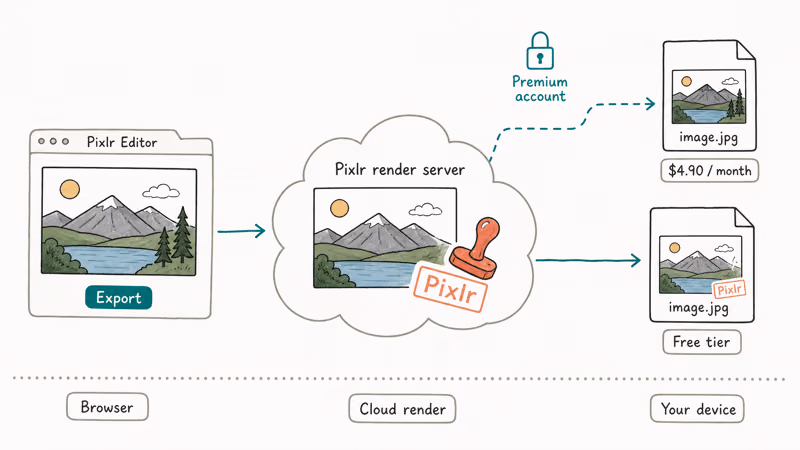 Diagram of Pixlr cloud server stamping watermark on free export before download
