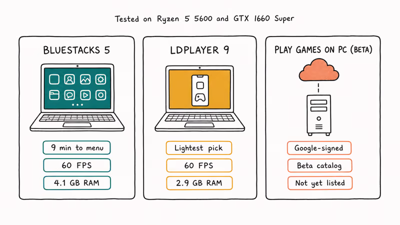 BlueStacks LDPlayer and Play Games emulator comparison with RAM tags.