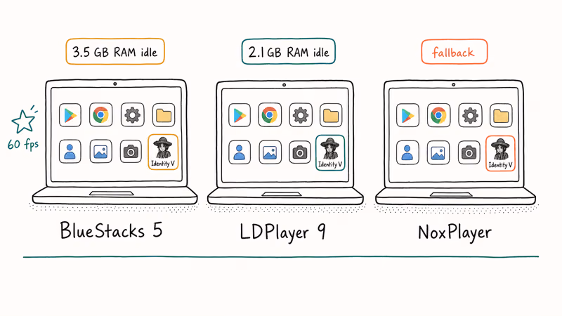 BlueStacks LDPlayer and NoxPlayer running Identity V with RAM tags