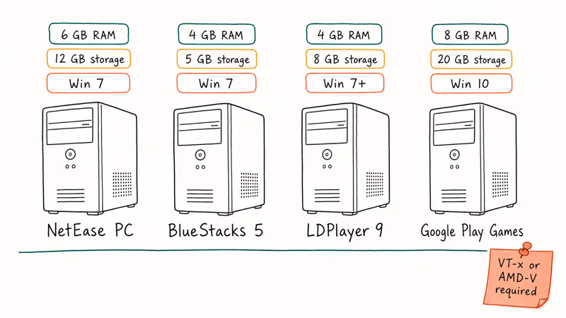 PC towers showing RAM storage and OS requirements by install method