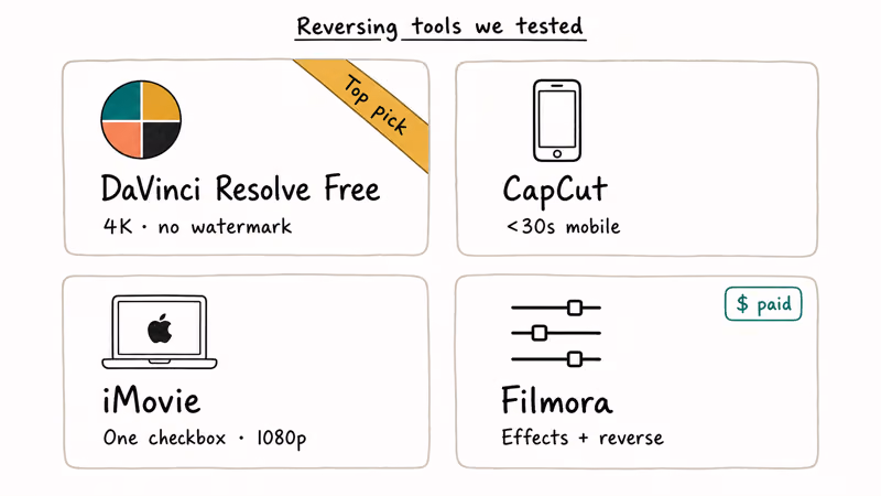 Comparison grid of DaVinci Resolve, CapCut, iMovie, and Filmora for reversing saved YouTube clips.