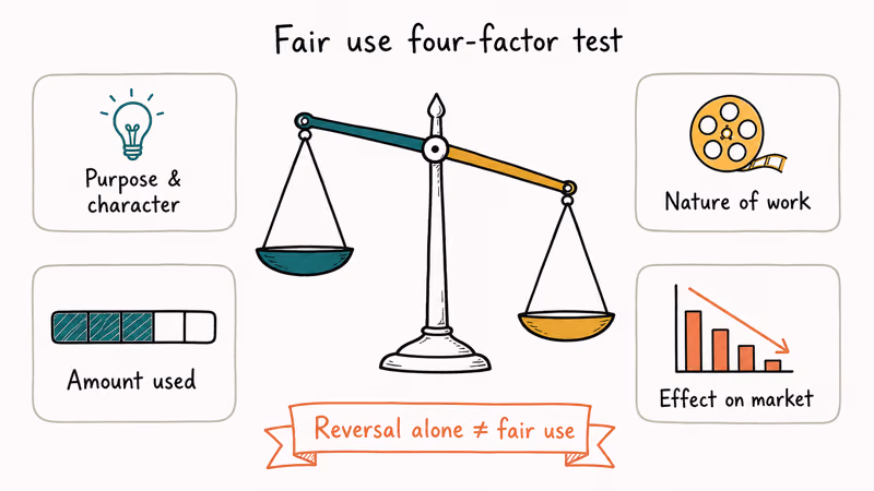 Hand-drawn diagram of the four-factor fair use test for reversing copyrighted YouTube footage.