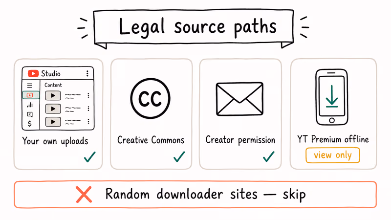 Four legitimate source paths to save YouTube videos including Studio uploads and Creative Commons.