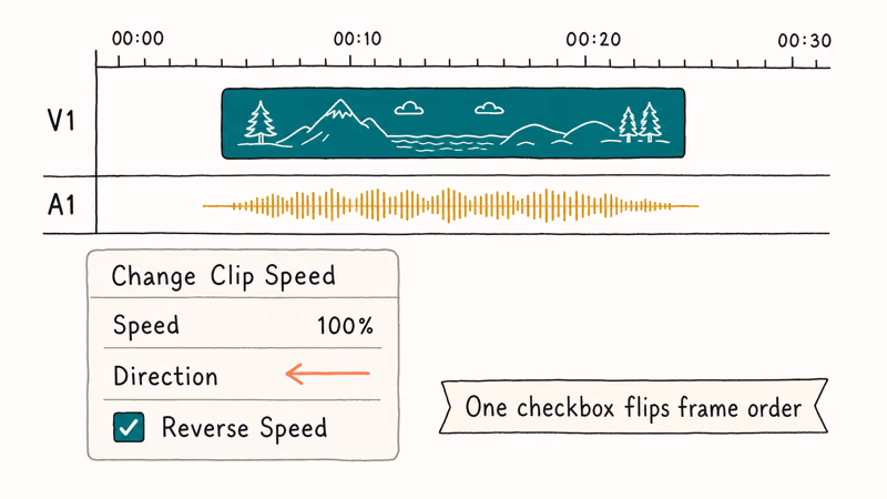 Video editor timeline with Reverse Speed checkbox highlighted inside a Change Clip Speed panel.