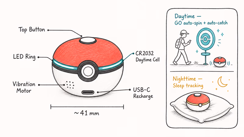 Official Pokemon GO Plus anatomy showing button LED battery and sleep use.