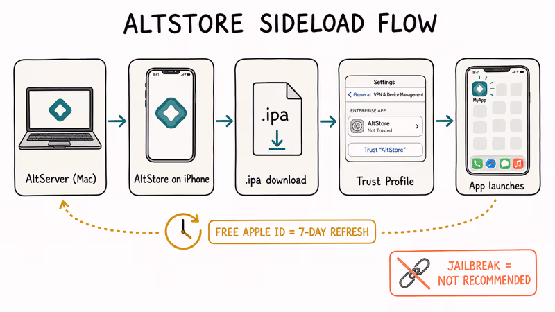 Flowchart of AltStore sideload steps from desktop AltServer to iPhone with re-signing reminders