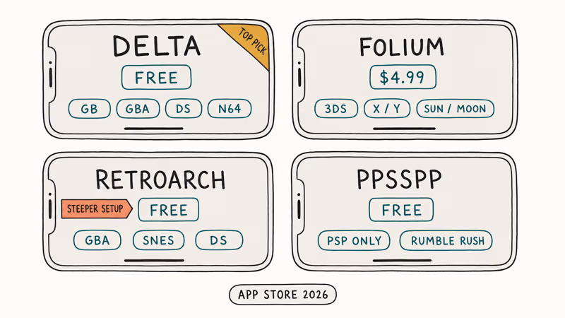 Comparison cards for Delta, Folium, RetroArch, and PPSSPP iPhone emulators with Pokemon generation coverage