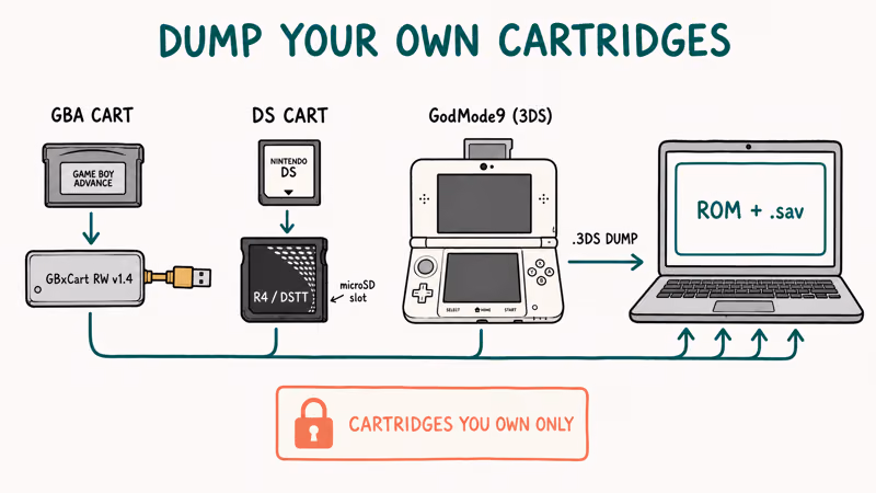 Hardware diagram showing cartridge readers connecting Game Boy, DS, and 3DS games to a computer