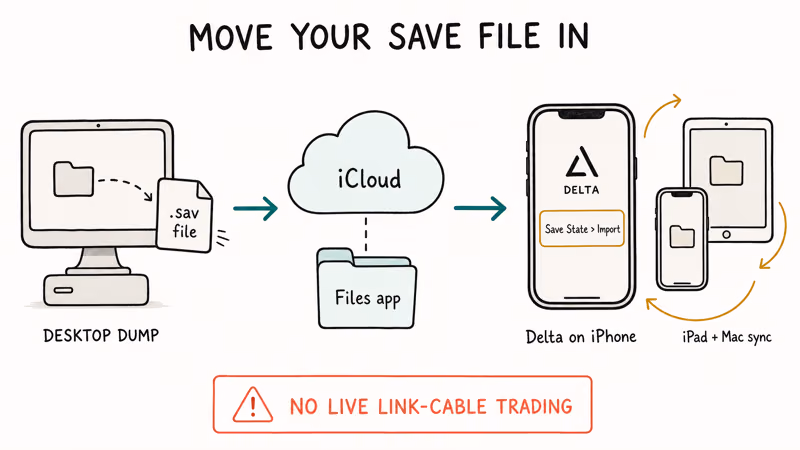 Diagram showing Pokemon save file transfer from computer to iPhone Delta app via iCloud sync