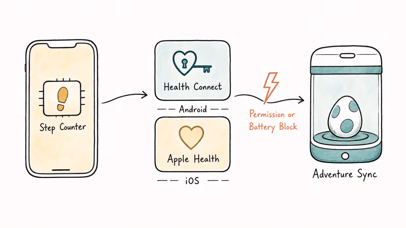 Diagram showing step data flowing through Health Connect or Apple Health into Pokemon Go.