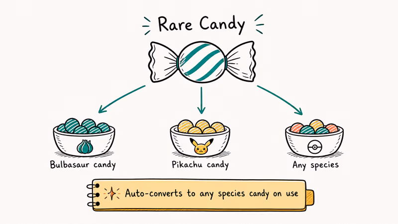Central rare candy icon fanning out arrows to three species candy bowls explaining universal conversion in Pokemon Go