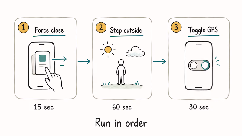 Three hand-drawn cards showing force close, step outside, and toggle location services with timing labels.