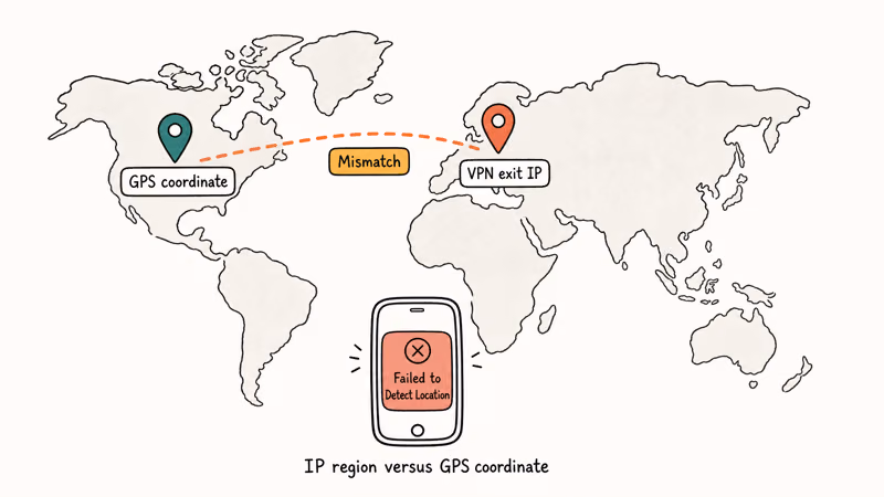 World map showing GPS and VPN exit pins causing Pokemon GO location mismatch.