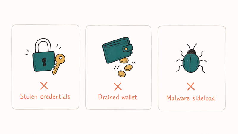 Three risk cards summarizing fake GPS app dangers including stolen credentials drained wallet and malware sideload