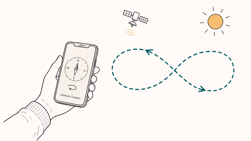 Hand drawn hand holding phone outdoors tracing a teal figure-eight motion under a clear sky